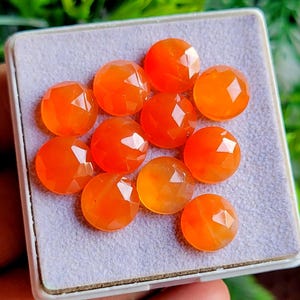 May include: A collection of ten faceted, round, orange gemstones displayed in a white tray with a gray interior. The gemstones have a polished, reflective surface, and are arranged closely together.