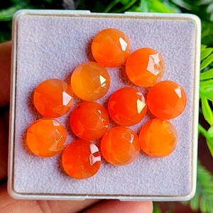 May include: A collection of ten faceted, round, orange gemstones displayed in a square, light gray tray. The gemstones have a polished, reflective surface, and are arranged in a grid pattern. The background is blurred, with green foliage visible.