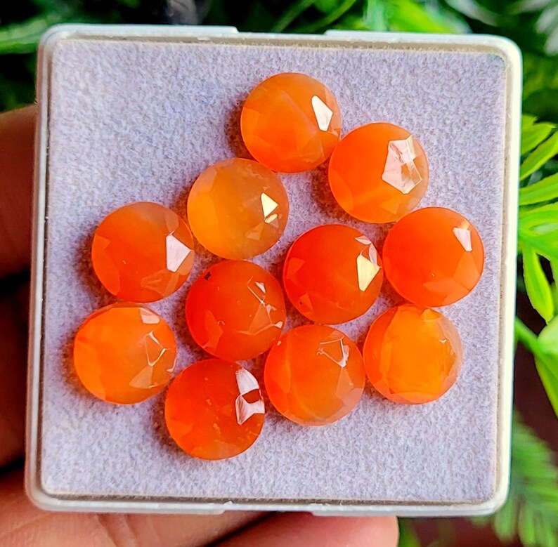 May include: A collection of ten faceted, round, orange gemstones displayed in a square, light gray tray. The gemstones have a polished, reflective surface, and are arranged in a grid pattern. The background is blurred, with green foliage visible.