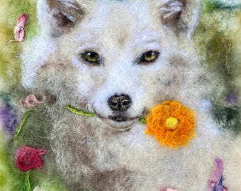 White Wolf Needle Felted Painting, Original Wool Animal Portrait, Spring Floral Fiber Art