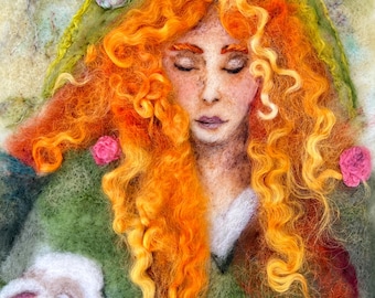 Dipinto originale in lana raffigurante Brigid, dea celtica, Imbolc, dea della primavera, opera d'arte in feltro ad ago, pezzo unico.