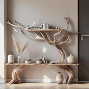 May include: A light-coloured wooden console table and matching wall-mounted shelf, both featuring organic, tree-branch-like structures. The console table supports several ceramic vases and books, while the upper shelf holds books and small decorative items.