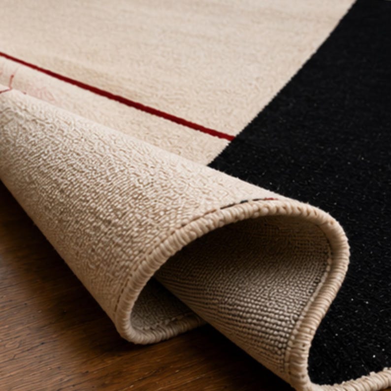Folded corner of a modern geometric wool rug displaying its flexibility, thickness, edge binding, and handwoven construction in ivory, black, and red tones.