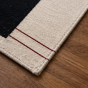 Close-up of the rug border featuring ivory wool, black geometric elements, and thin red accent lines, highlighting the precise hand-finished edge binding.
