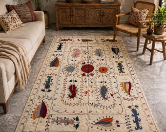 Suzani Style Kilim Rug, Handmade Boho Area Rug, Vintage Uzbek Inspired Carpet, Colorful Embroidered Rug Decor