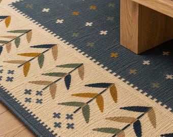 Scandinavian Kilim Rug, Handwoven Flatweave Wool Area Rug, Blue Grey Geometric Rug, Modern Accent Rug, Living Room Decor