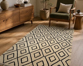 Beige Geometric Kilim Rug, Neutral Flatweave Wool Area Rug, Scandinavian Minimalist Carpet, Handmade Modern Living Room Rug