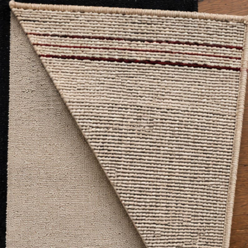 Detailed view of the geometric rug's folded corner and woven structure, showcasing the craftsmanship, texture, and clean edge finishing of the handmade wool rug.