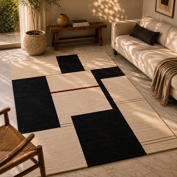 Geometric Kilim Rug, Bauhaus Inspired Wool Rug, Modern Area Rug, Mid Century Living Room Rug, Neutral Black Cream Handmade Rug