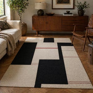 Geometric Kilim Rug, Bauhaus Inspired Wool Rug, Modern Area Rug, Mid Century Living Room Rug, Neutral Black Cream Handmade Rug
