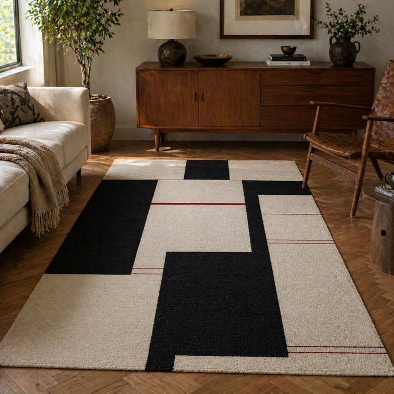Geometric Kilim Rug, Bauhaus Inspired Wool Rug, Modern Area Rug, Mid Century Living Room Rug, Neutral Black Cream Handmade Rug