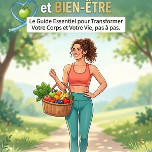 Op de afbeelding: Illustratie van een vrouw in sportkleding die een fruitmand draagt, met de tekst "PERTE DE POIDS DURABLE et BIEN-ÊTRE" en "Le Guide Essentiel pour Transformer Votre Corps et Votre Vie, pas à pas."