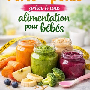 Peut inclure: Image de pots de nourriture pour bébés avec diverses purées, notamment orange, verte et violette. Des fruits et légumes frais comme des carottes, des pommes, des bananes, des myrtilles et du brocoli sont disposés autour des pots. Un mètre ruban est également présent. Le texte sur l'image se lit "Perte de poids grâce à une alimentation pour bébés."