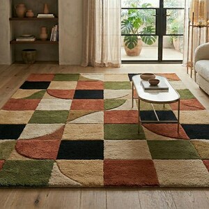 Modern Geometric Wool Rug, Handmade Tufted Area Rug, Abstract Checkered Carpet, Mid Century Modern Rug, Contemporary Living Room Decor