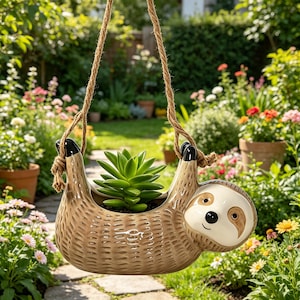 Hanging Sloth Planter, Ceramic Succulent Pot, Cute Animal Plant Holder, Indoor Outdoor Garden Decor