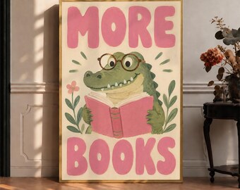 Cute Reading Alligator Wall Art, Whimsical Book Lover Decor, Framed Artwork Available, Nursery Classroom Print, Gift for Young Readers