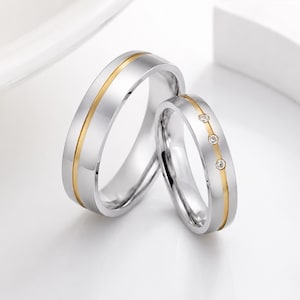 Two Tone Wedding Ring for Couples - Stainless Steel Engagement Band, CZ Stone Option, Durable Promise Ring