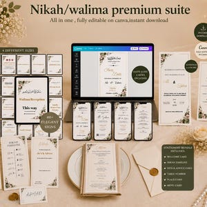 May include: A digital wedding stationery suite template titled Nikah/walima premium suite, displayed on a laptop screen, mobile phones, and printed cards. The set includes invitations, menus, table numbers, and signs with floral accents and text.