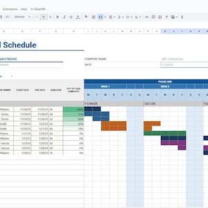 May include: A digital spreadsheet titled "3 Week Look Ahead Schedule" with blue headers and a grid layout. The schedule includes project tasks, start and due dates, and progress bars. The text "ABC Construction" is visible.