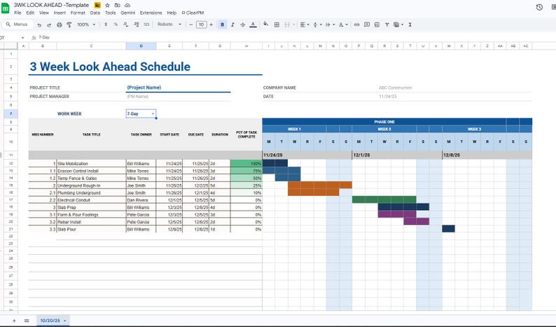 Task For Next Week 3 Week Look Ahead Construction Schedule - Etsy