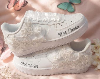 Custom Air Force One Bridal Sneakers, Handmade Lace Pearl Wedding Shoes, Personalized Name & Date Bride Shoes,Bridesmaid gifts,Gift for her
