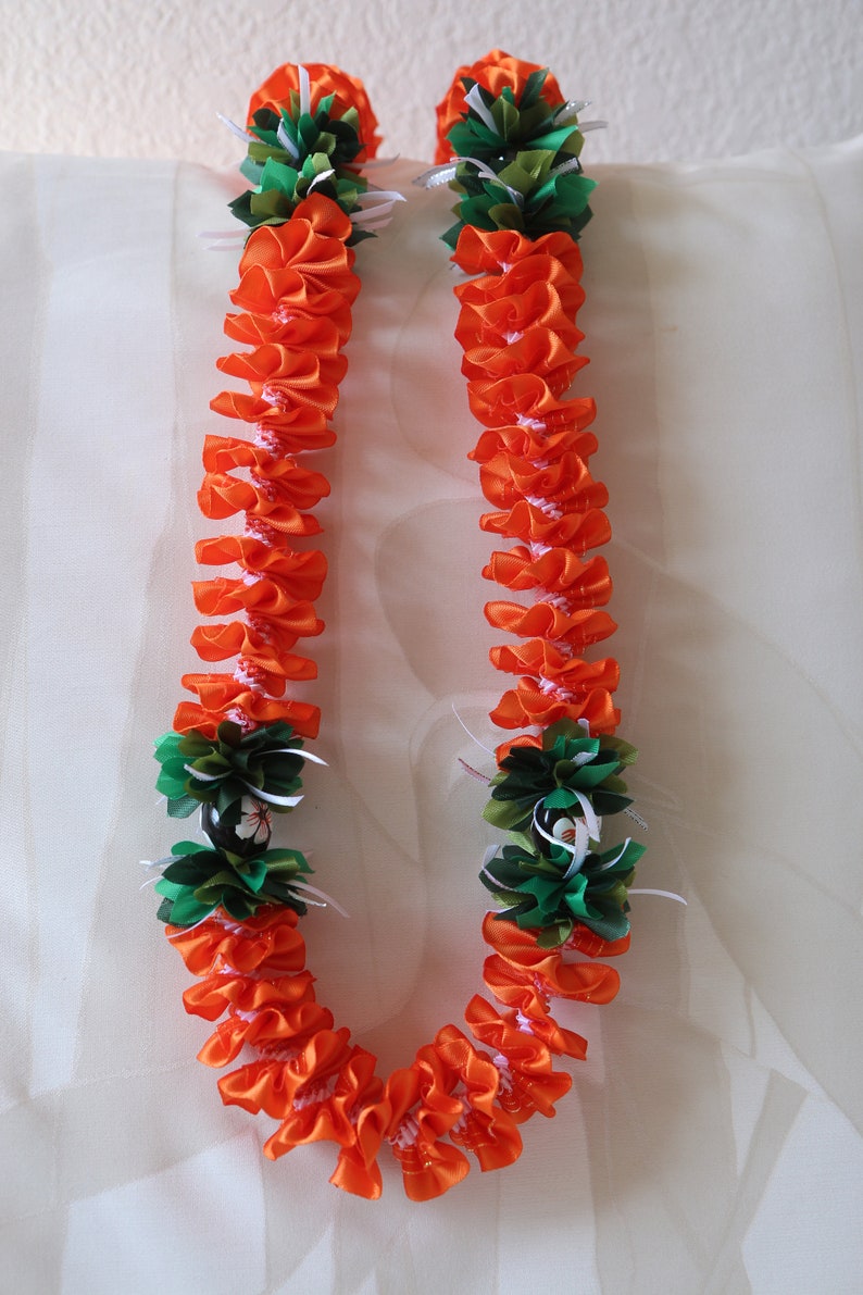 Hawaiian Ribbon Lei Plumeria Orange with Painted White Hibiscus Kukui Nut