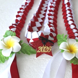 Red and White Long Braided Ribbon Lei
