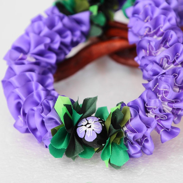 Lavender Plumeria Ribbon Lei with Lavender Hibiscus Flower on Black Kukui Nut