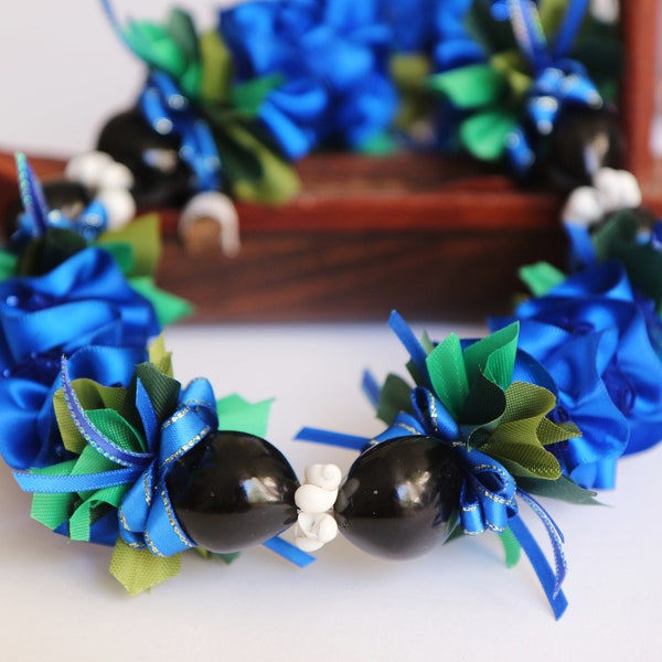 Kukui Nut Ribbon Lei Royal Blue