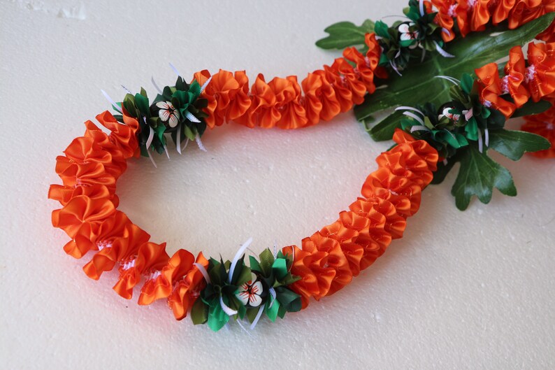 Hawaiian Ribbon Lei Plumeria Orange with Painted White Hibiscus Kukui Nut