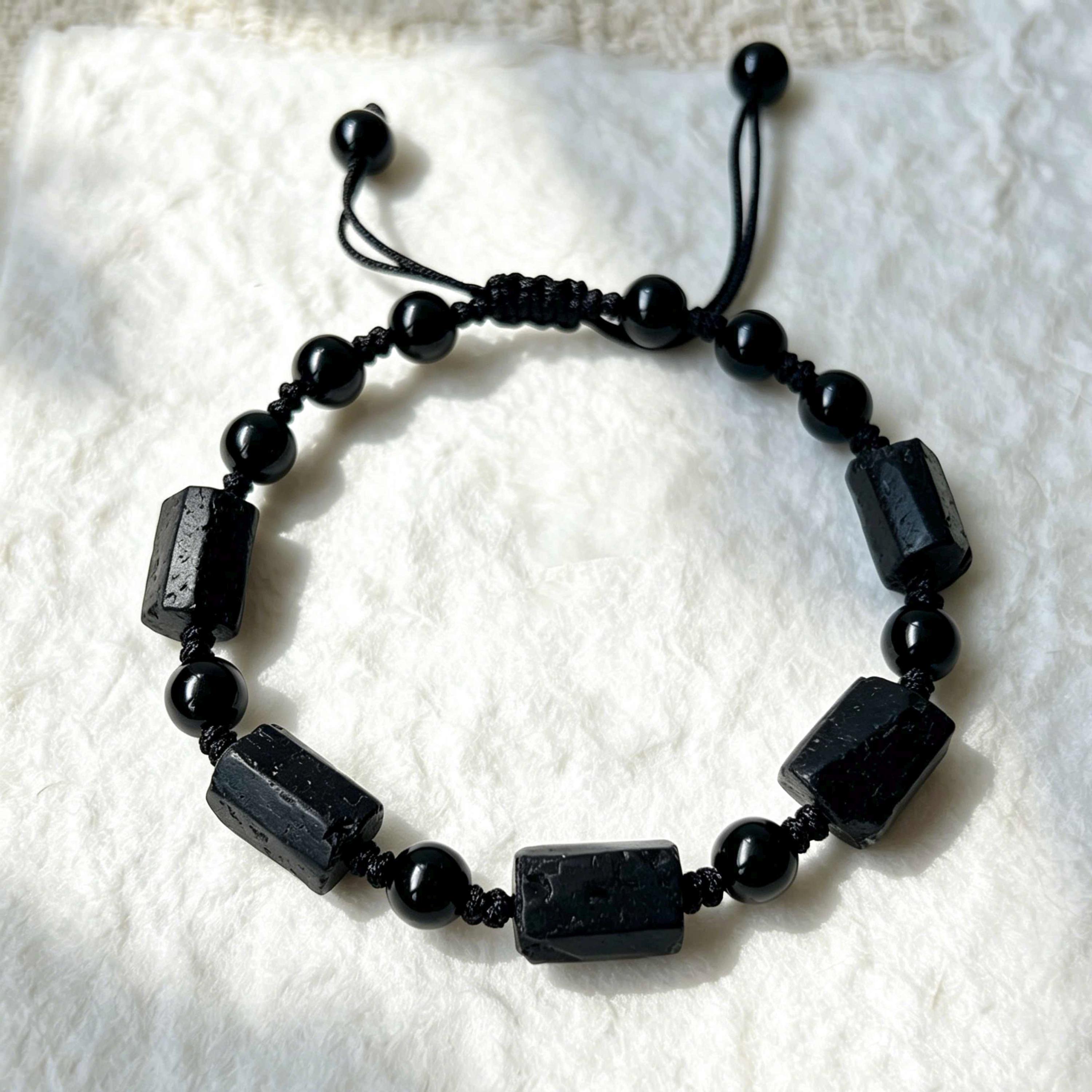 Raw Black Tourmaline & Black Onyx Bracelet 6mm EMF Protection Grounding Crystal Unisex Healing Gift for Him Her