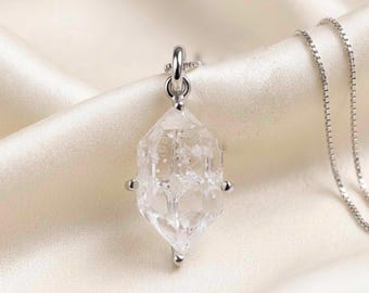 Natural Herkimer Diamond Pendant | Raw Double Terminated Quartz Crystal, Silver Claw Setting