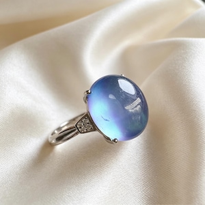 Anillo de aguamarina natural de plata de ley 925, anillo ovalado con gema y cristal curativo.
