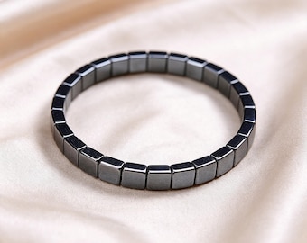 Minimalist Hematite Bracelet 6mm Square Beads, Black Stone Stretch Cuff, Unisex Grounding Jewelry (86 characters)