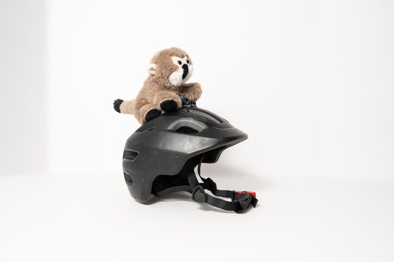 May include: A black bicycle helmet with a red buckle and straps. A small stuffed monkey with brown fur and black accents sits on top of the helmet. The helmet is designed for safety and protection.