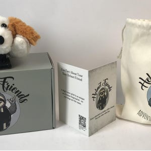May include: A plush dog helmet cover with brown and white fur sits atop a gray box. The box and a drawstring bag feature the "Helmet Friends" logo with a sloth. A folded card is also included.