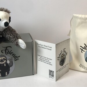 May include: A plush sloth toy sits atop a gray box with the words "Helmet Friends" and a sloth illustration. A drawstring bag and a folded card with the same logo are also present. The bag reads "Adventure Rides With You."