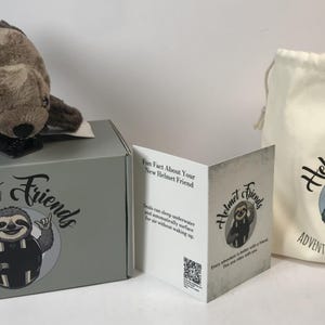 May include: A plush seal toy sits atop a gray box with the "Helmet Friends" logo. A drawstring bag and a folded card with the same logo are also present. The bag reads "Adventure Rides With You."