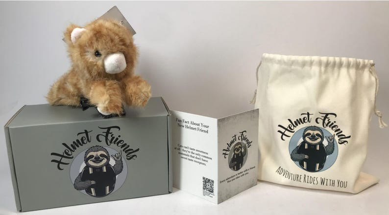 May include: A plush, brown bear toy sits atop a gray box labeled "Helmet Friends." The box, a drawstring bag, and a pamphlet feature a sloth logo. The bag reads "Adventure Rides With You."
