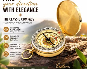 Antique Metal Compass for Men – Vintage Gold Compass, Gift for Husband, Unique Gift for Him, Personalized Engraved Navigation Gift