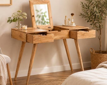 Dressing Table with Mirror Solid Wood, Wooden Vanity Table with Drawers and Storage, Modern Vanity Dresser Makeup Desk 112x45cm