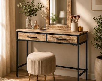 Dressing Table Solid Mango Wood with Mirror and Drawer, Wooden Vanity Table with Storage, Modern Vanity Dresser Makeup Desk Brown 100x40cm