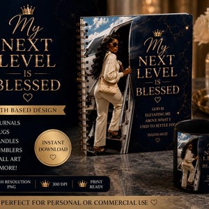 May include: A spiral-bound journal and a black ceramic mug featuring a dark blue marble background with gold text that reads My Next Level Is Blessed, along with an image of a person in cream clothing boarding a private jet and scripture text.