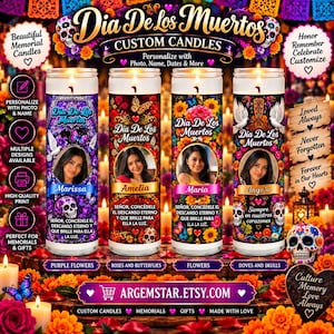 May include: Four cylindrical glass candles featuring Dia De Los Muertos themes with colorful floral patterns, sugar skulls, butterflies, and doves. Each candle displays a circular photo of a person, a name, and Spanish memorial text.