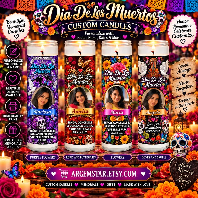 May include: Four cylindrical glass candles featuring Dia De Los Muertos themes with colorful floral patterns, sugar skulls, butterflies, and doves. Each candle displays a circular photo of a person, a name, and Spanish memorial text.