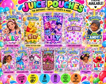 May include: A collection of custom Capri Sun juice pouches featuring various themes like Ms. Rachel, Winnie the Pooh, K-Pop, and Elmo. Each pouch displays a name like Lily or Andy, colorful graphics, and a straw. The text reads Custom Juice Pouches.
