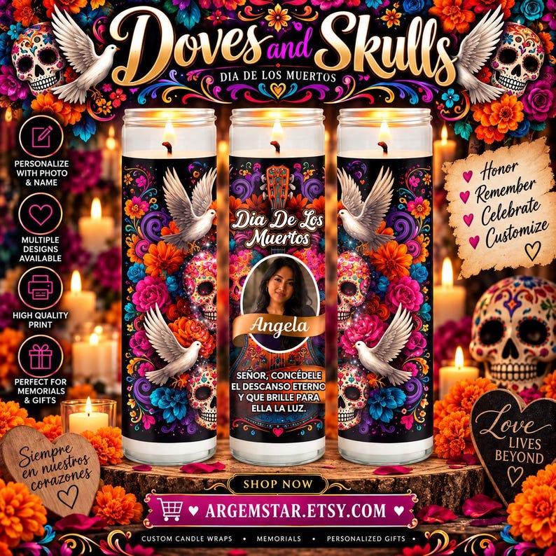 May include: Three cylindrical glass candles featuring a vibrant Dia de los Muertos design with colorful skulls, orange and pink flowers, and white doves. The center candle displays a circular photo of a person, the name Angela, and Spanish text.