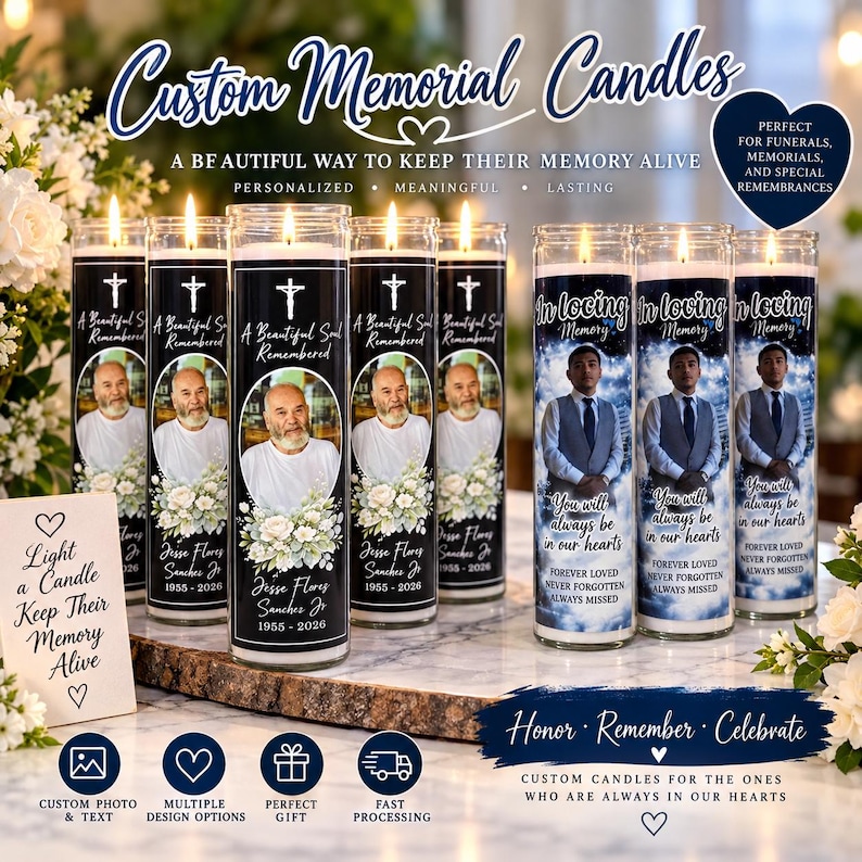 May include: A collection of cylindrical glass memorial candles featuring personalized photographs, floral graphics, and text including names, dates, and phrases like A Beautiful Soul Remembered and In Loving Memory, displayed on a wooden surface.