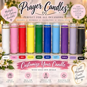 May include: A row of nine tall cylindrical glass prayer candles in white, pink, red, yellow, green, blue, light blue, purple, lavender, and black. Each candle features a gold rim at the top. Text on the image includes Prayer Candles.