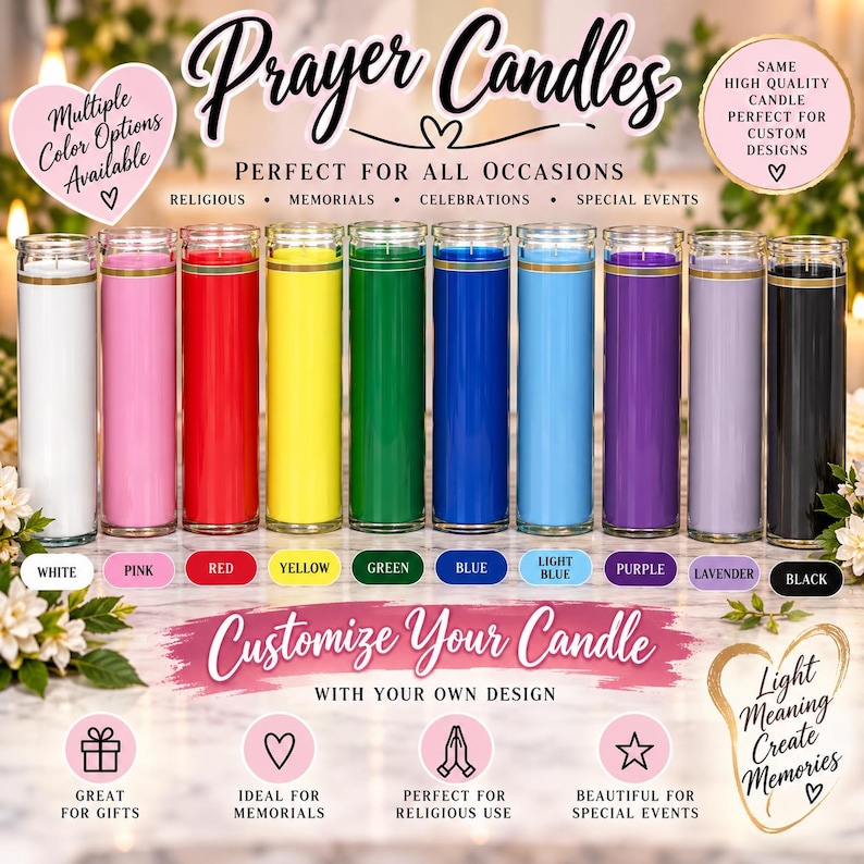 May include: A row of nine tall cylindrical glass prayer candles in white, pink, red, yellow, green, blue, light blue, purple, lavender, and black. Each candle features a gold rim at the top. Text on the image includes Prayer Candles.